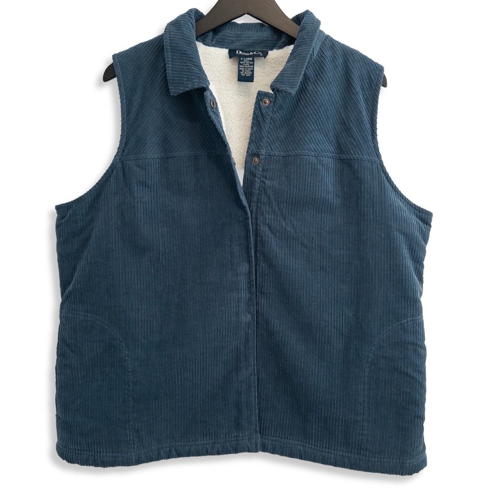 Denim & Co Corduroy Vest Womens XL Blue Cotton Casual Layering Utility Winter